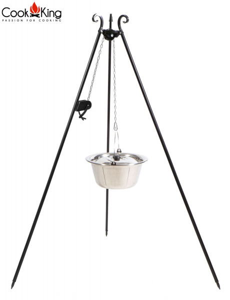 Edelstahlkessel 14 L mit Dreibein Gestell mit Kurbel H 180 cm Edelstahltopf zum Kochen
