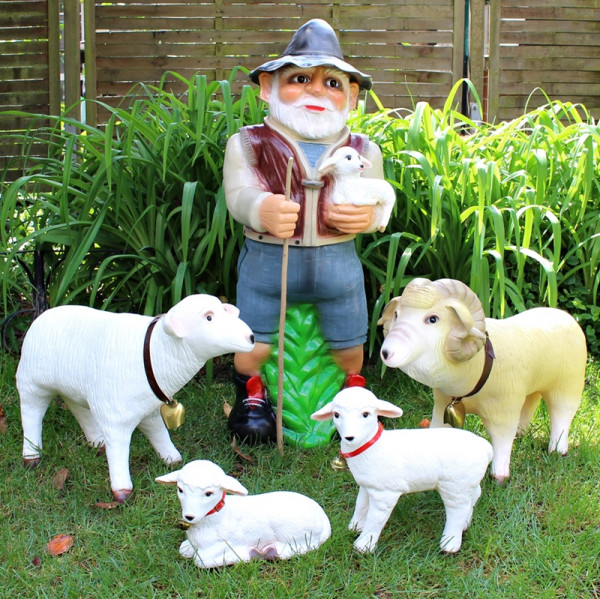 Deko Garten Figur Dekofigur Gartenfigur Hirte mit Schafbock, Schaf und Lämmlein aus Kunststoff