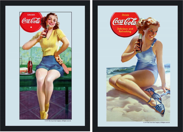 Set: 2 Spiegelbilder Coca-Cola Retro Vintage Frauen 20x30 cm Wandbilder Hinterglasdruck mit Rahmen