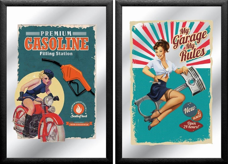 Set: 2 Spiegelbilder Garage Retro Bild Gasoline Benzin Pin-Up 30x20 cm Wandbilder Hinterglasdruck