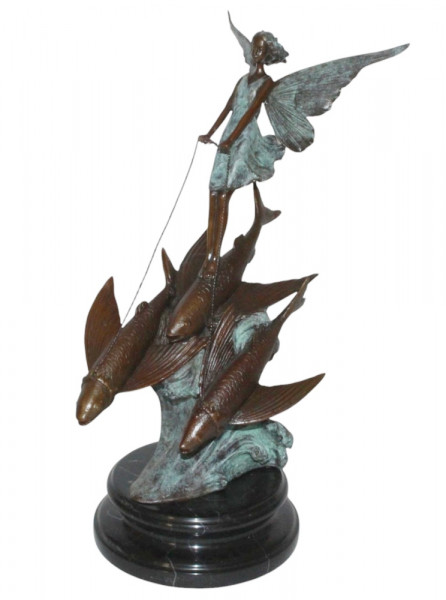 Bronzefigur Fee auf Fischen reitend Höhe 37,5 cm - Bronzeskulptur Elfe Jugendstil