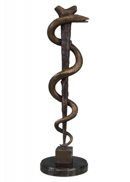 Bronzefigur Bronzeskulptur Äskulapstab Schlange aus Bronze auf Marmorsockel H 43 cm Deko Figur