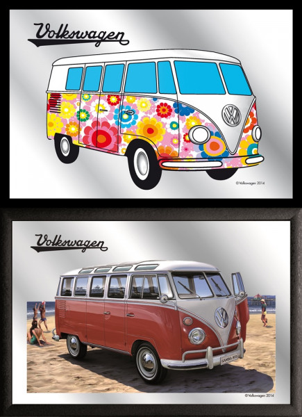 Set: 2 Spiegelbilder VW Bulli Hippie Oldtimer 30x20 cm Wandbilder Hinterglasdruck mit Rahmen