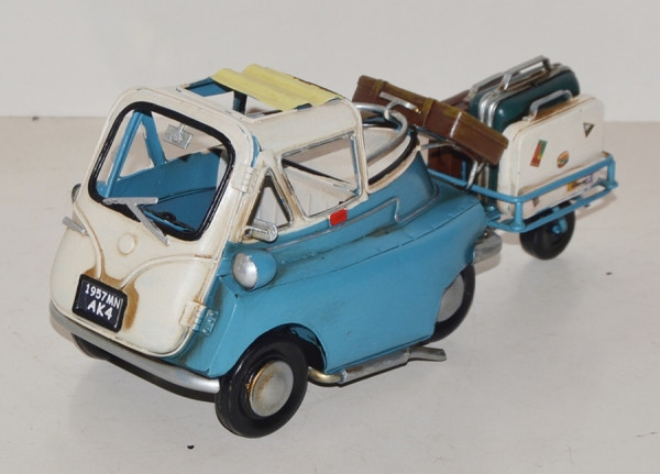 Blechauto Nostalgie Modellauto BMW Isetta Modell 250 blau mit Anhänger Oldtimer L 25 cm aus Blech