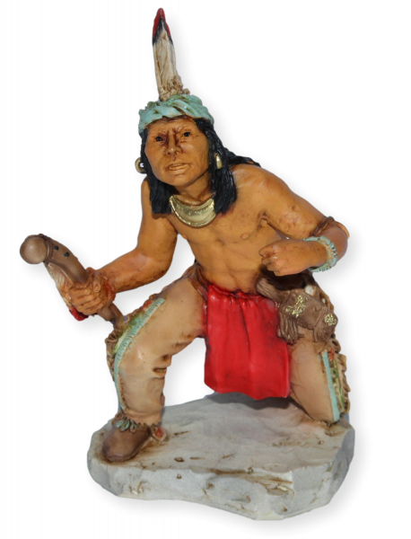 Indianerfigur Indianer Ottawa Anführer Chief Pontiac Skulptur H 14 cm geduckt mit Kopfschmuck