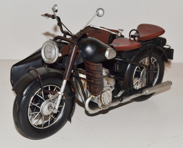 Blechmotorrad Nostalgie Modellauto Oldtimer Marke BMW Motorrad mit Beiwagen aus Blech L 31 cm