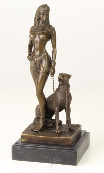 Bronzefigur Bronzeskulptur Bronze Figur Cleopatra mit Panther H 25,5 cm aus Bronze Deko Dekofigur