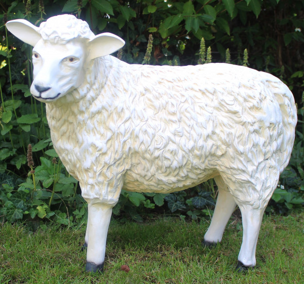 Dekorationsfigur Schaf lebensgroß stehend Kopf nach links gerichtet H 60 cm Gartenfigur Kunstharz