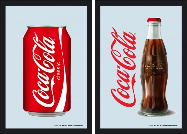 Set: 2 Spiegelbilder Coca Cola Retro Dose & Flasche 20x30 cm Wandbilder Hinterglasdruck mit Rahmen