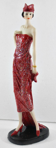 Beauty Figur Deko Modefigur Modepuppe Nostalgiefigur Dame rotes Kleid mit roter Mütze aus Resin