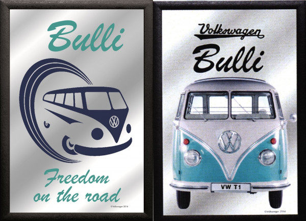 Set: 2 Spiegelbilder VW Bulli blau Oldtimer 20x30 cm Wandbilder Hinterglasdruck mit Rahmen