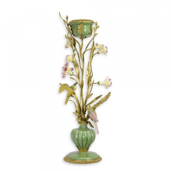 Kerzenständer Bronze und Porzellan Jugendstil H 66 cm mit Blumen und Vogel Elementen