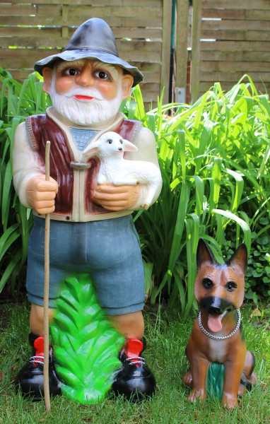 Deko Garten Figur Dekofigur Gartenfigur Tierfigur Hirte mit Schäferhund aus Kunststoff H 86 cm
