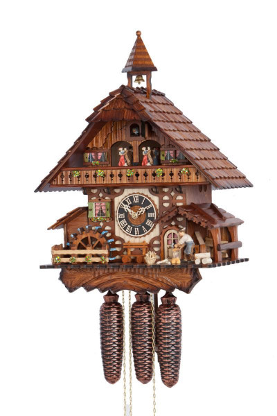 Traditionelle Kuckucksuhr "Das Holzfällerhaus" aus Holz, Höhe 47 cm, mechanisches Uhrwerk