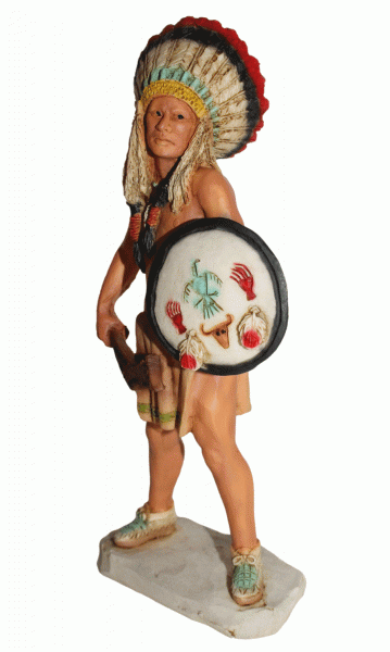 Indianerfigur Indianer Rain in the Face Kriegshäuptling Skulptur 18cm stehend mit Schild in der Hand