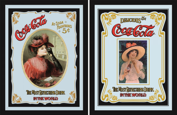 Set: 2 Spiegelbilder Coca-Cola Retro Vintage Frauen 20x30 cm Wandbilder Hinterglasdruck mit Rahmen
