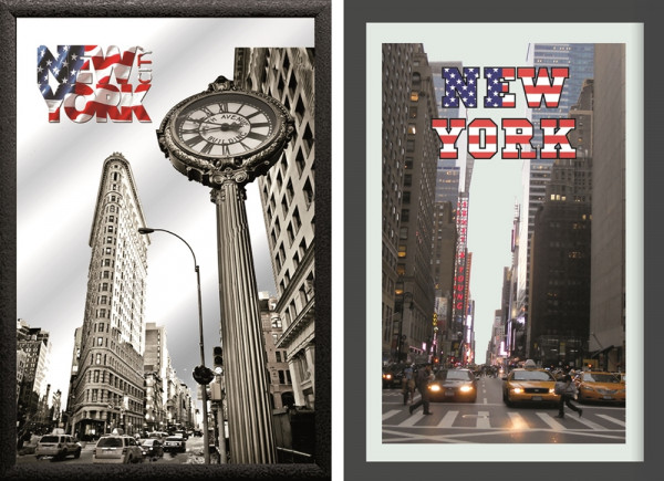 Set: 2 Spiegelbilder New York Clock Taxi Bild 20x30 cm Deko Wandbilder Hinterglasdruck mit Rahmen