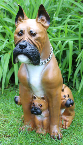 Deko Garten Figur Dekofigur Gartenfigur Tierfigur Hund Boxer mit drei Welpen aus Kunststoff H 59 cm