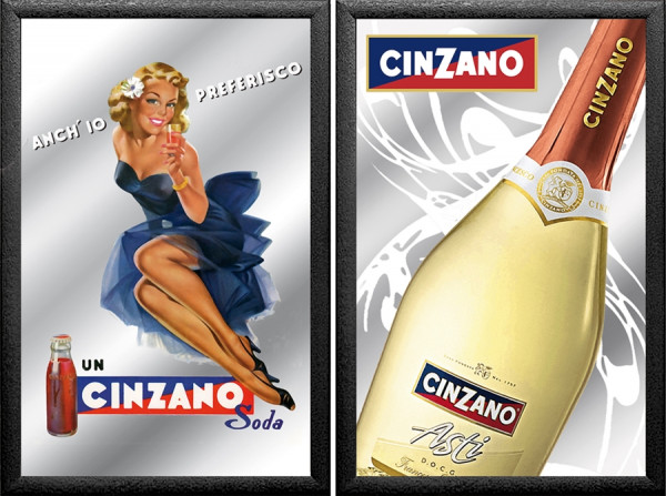 Set: 2 Spiegelbilder Cinzano Wermut Vermouth Asti Flasche 20x30 cm Wandbilder Hinterglasdruck
