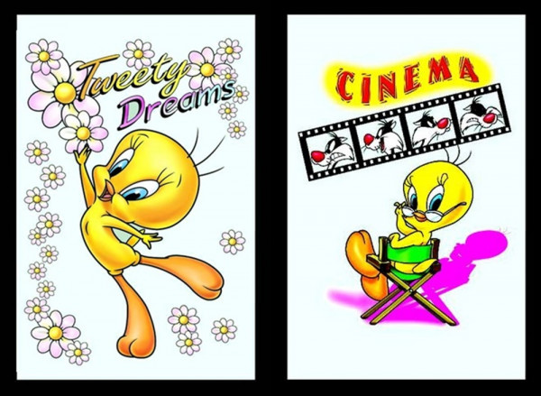 Set 2 Spiegelbilder Looney Tunes Tweety Deko Bild 20x30 cm Wandbilder Hinterglasdruck mit Rahmen