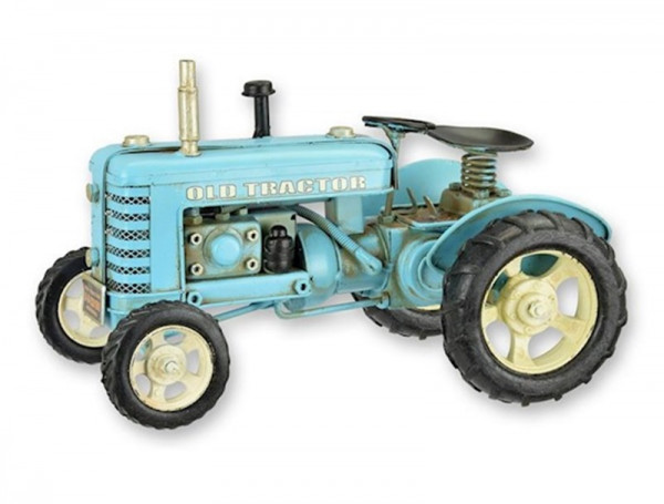 Blechtraktor Nostalgie Modellauto Oldtimer Traktor hellblau Modell aus Blech L 27 cm