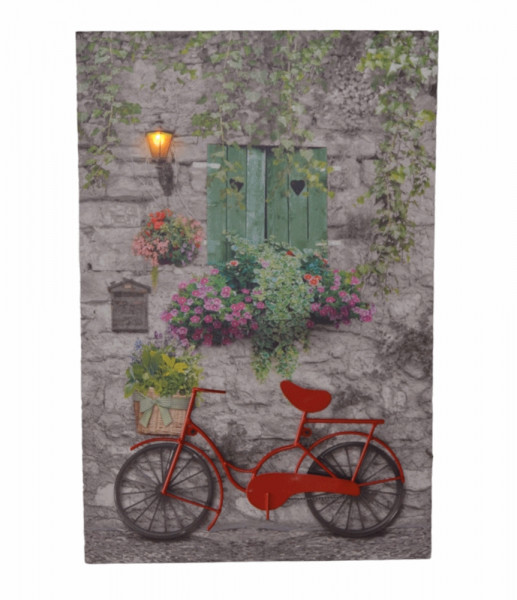 Nostalgie LED-Wandbild Gasse mit rotem Fahrrad Vintage Stil Blumen 60x40 cm Leinwandbild