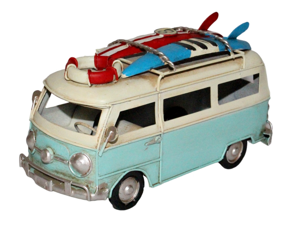 Blechauto Deko Nostalgie Modellauto Oldtimer Surfer Bulli in hellblau L 17 cm aus Blech