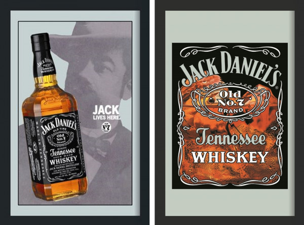 Set: 2 Spiegelbilder Jack Daniel's Whisky Flasche & Emblem 20x30 cm Hinterglasdruck mit Rahmen