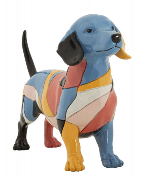 Dekofigur Hund Dackel stehend Skulptur Teckel groß mit abstraktem kubistischem Fellmotiv L 32,5 cm