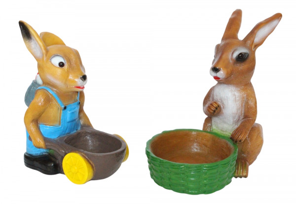 Osterhasen mit Karre und Korb- Set 2 Osterfiguren aus Kunststoff, für Garten, Höhe 35-38 cm