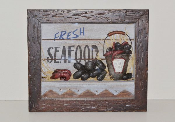 Nostalgie Bild Collagenbild Fresh Seafood Meeresfrüchte Restaurant Holzbilderrahmen Foto B 34 cm