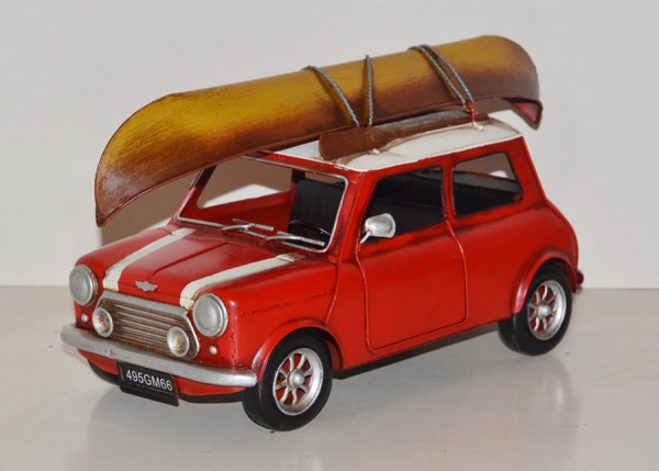 Blechauto Nostalgie Modellauto Mini Cooper rot mit Dachgepäckträger, Kanu Oldtimer L 35 cm aus Blech