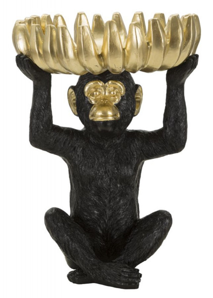 Dekofigur Affe Schimpanse sitzend Tierfigur mit goldener Bananenschale auf dem Kopf H 31,5 cm