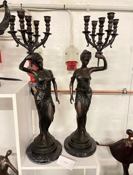 2-er Set Bronzeskulpturen Bronze Kerzenständer Frauen H 74 cm Bronzefigur Figur Jugendstil Skulptur