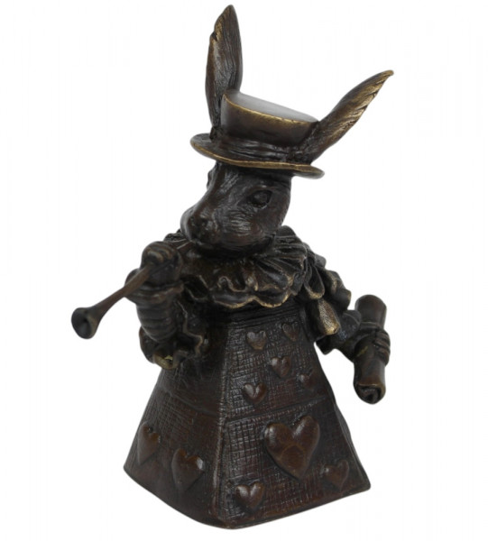 Elegante Tischglocke „Hase im Jugendstil“ aus Bronze H 11 cm Herzkönigin Bronzefigur Herzornamenten