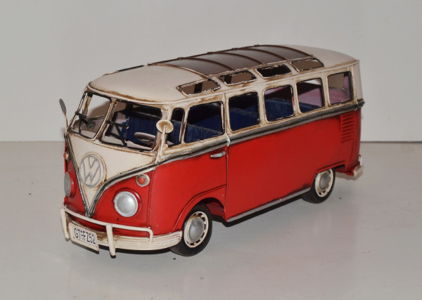 Blechauto Nostalgie Modellauto Oldtimer Automarke VW Bulli Modell T1 Bus rot aus Blech L 32 cm