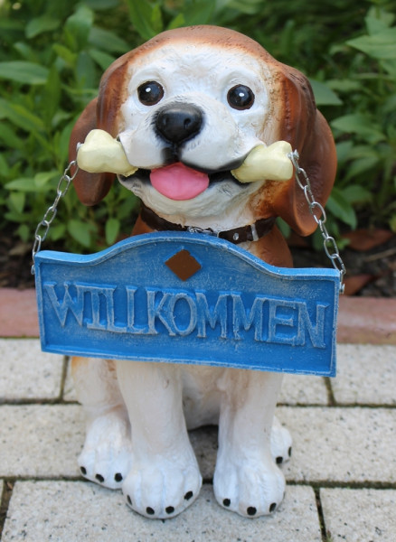 Dekofigur Hund mit "Wilkommen" Schild Deko Figur H 30 cm aus Kunstharz Tierfigur Garten Figur