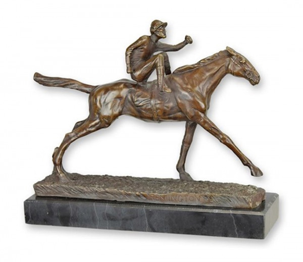 Bronzefigur Bronzeskulptur Tierfigur Jockey auf Pferd aus Bronze auf Marmorsockel L 29 cm Deko Figur
