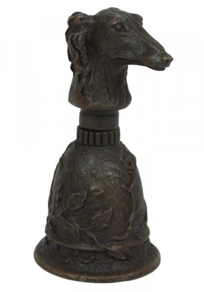 Bronzefigur Hund als Tischglocke H 10 cm Barsoi Windhund Bronze Handglocke mit Hundekopf Jugendstil