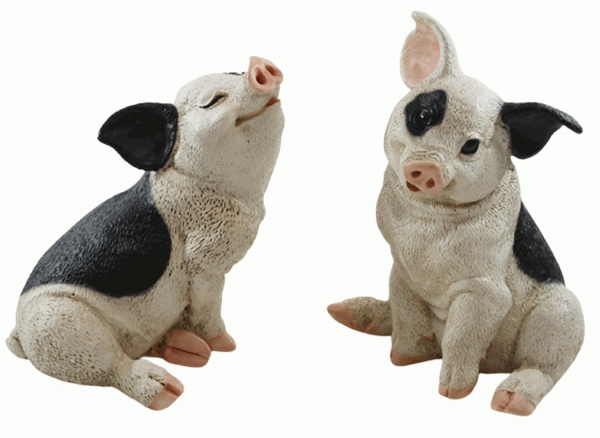Deko Figur Schwein 2 Ferkel sitzend nach oben u. unten schauend als Satz aus Resin Höhe 19-22 cm