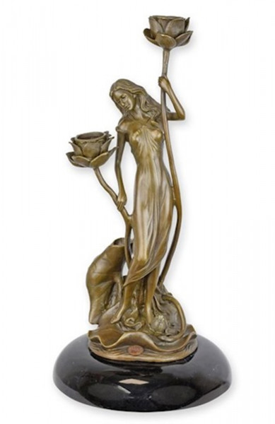 Bronzefigur Bronzeskulptur Bronze Kerzenständer Frau mit Lilien H 35 cm Deko Vintage Kerzenhalter