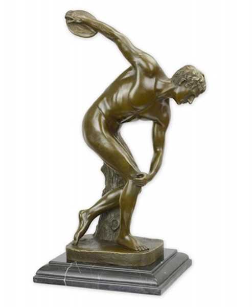 Bronzefigur Bronzeskulptur Bronze Diskobolos auf Marmorsockel H 38 cm griechische Statue