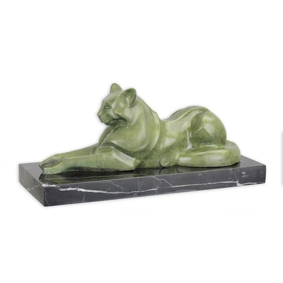 Bronzefigur Bronzeskulptur Modern Liegende Katze grün Länge 35 cm Dekofigur Abstrakte Skulptur