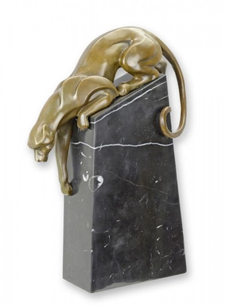 Bronzefigur Bronzeskulptur Tierfigur Panther aus Bronze auf Marmorblock H 34 cm Deko Figur Skulptur