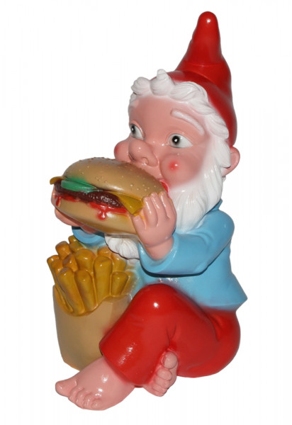 Gartenzwerg mit Hamburger und Pommes Figur Lustiger Zwerg H 33 cm Gartenfigur aus Kunststoff