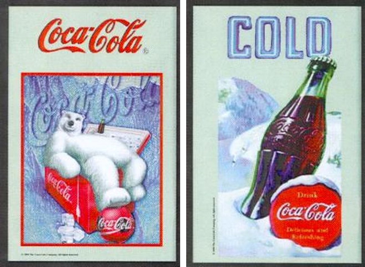 Set: 2 Spiegelbilder Coca-Cola Flasche Vintage Eisbär in Gefrierbox 20x30  cm Hinterglasdruck