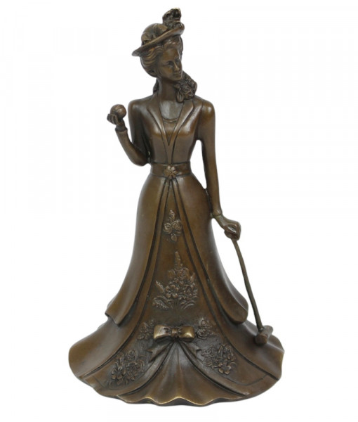Bronze Tischglocke im Jugendstil mit Golferin Frau Motiv H 17 cm Elegante Tisch Golf Dekoration