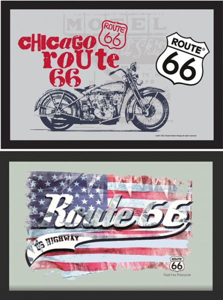 Set: 2 Spiegelbilder Route 66 Motorrad USA Flagge Bild 20x30 cm Deko Wandbilder Hinterglasdruck