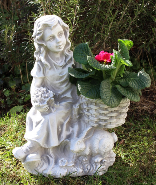 Beton Figur Mädchen mit Topf zum Bepflanzen H 34 cm Ostern Frühling Dekofigur und Gartenskulptur