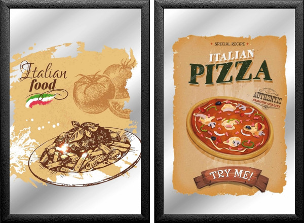 Set: 2 Spiegelbilder Italian Food Pizza Pasta Deko 20x30 cm Hinterglasdruck mit schwarzem Rahmen